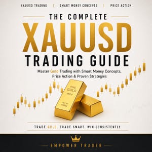 Pode incluir: Uma capa de livro com tema dourado com o título "THE COMPLETE XAUUSD TRADING GUIDE". A capa apresenta barras de ouro, um gráfico de ouro e o texto "TRADE GOLD. TRADE SMART. WIN CONSISTENTLY."
