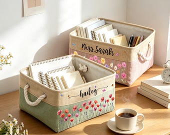 Personalized Birth Month Flower Storage Basket, Custom Birth Flower & Name For Her, Wife, Daughter, Sister, Coworker, Book Lover Gift