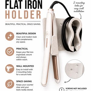 May include: A wall-mounted flat iron holder in a light speckled material, featuring a central slot for a hair straightener and a side loop for cord storage. The unit includes two mounting holes for installation, with text stating Wall Mounted Flat Iron Holder.