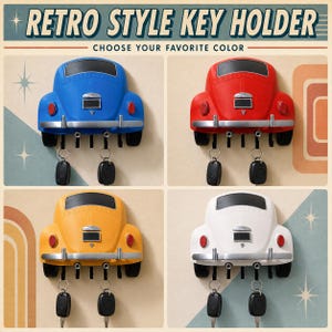 Puede incluir: Un llavero de pared con forma de parte trasera de coche clásico, disponible en azul, rojo, amarillo y blanco. Cada unidad cuenta con un parachoques plateado, neumáticos negros y varios ganchos para llaves. Se muestra el texto RETRO STYLE KEY HOLDER.