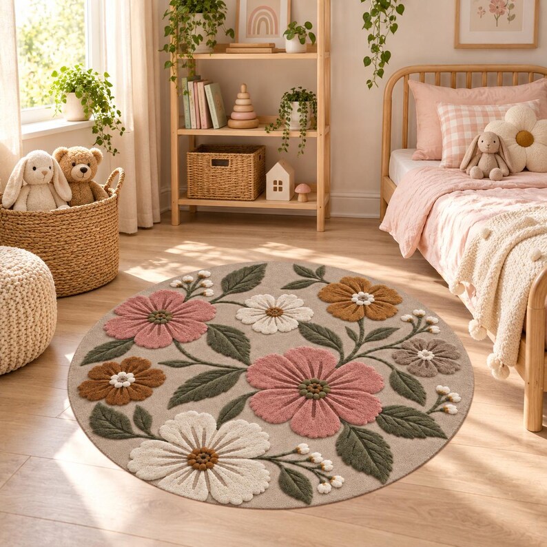 Blush Floral Nursery Rug, Round Wildflower Rug, Boho Baby Girl Room ...