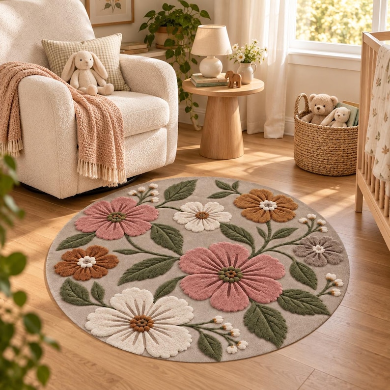 Blush Floral Nursery Rug, Round Wildflower Rug, Boho Baby Girl Room ...