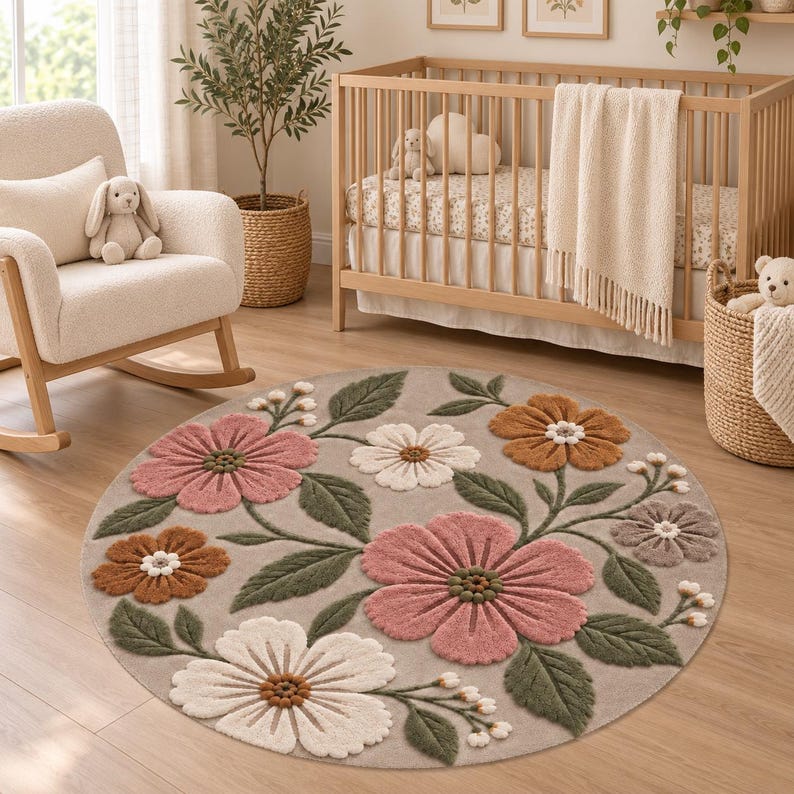 Blush Floral Nursery Rug, Round Wildflower Rug, Boho Baby Girl Room ...
