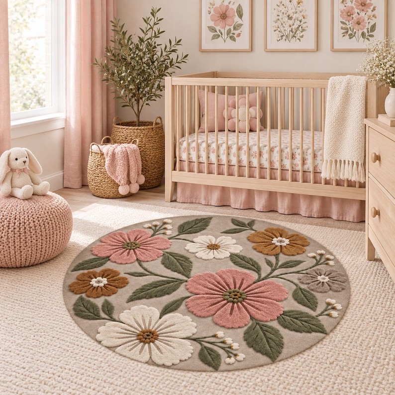 Blush Floral Nursery Rug, Round Wildflower Rug, Boho Baby Girl Room ...