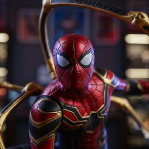 May include: A detailed action figure of a character wearing a red, black, and gold suit with a textured web pattern. The figure features large white eye lenses and prominent mechanical spider-like appendages extending from the back of the suit.