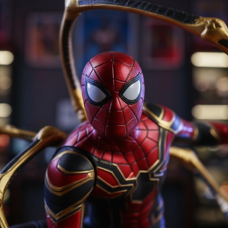 May include: A detailed action figure of a character wearing a red, black, and gold suit with a textured web pattern. The figure features large white eye lenses and prominent mechanical spider-like appendages extending from the back of the suit.