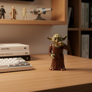 May include: A green-skinned, pointed-ear character figurine wearing a brown robe. The figure has a wrinkled face, three-toed feet, and is posed with one hand raised near its mouth. The small, detailed collectible stands upright on a flat surface.