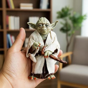 May include: A small green figurine of a pointed-ear creature with wrinkled skin, wearing a textured off-white robe over a dark brown garment. The figure has three-toed feet with orange-tipped nails and holds a dark brown wooden-style walking stick.
