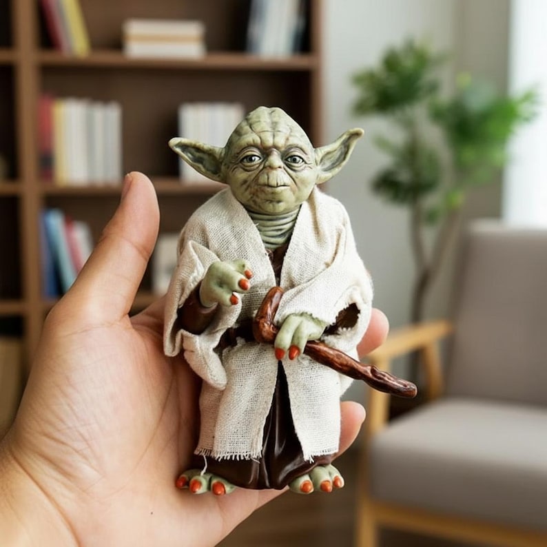 May include: A small green figurine of a pointed-ear creature with wrinkled skin, wearing a textured off-white robe over a dark brown garment. The figure has three-toed feet with orange-tipped nails and holds a dark brown wooden-style walking stick.