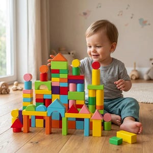 Könnte beinhalten: Ein Kind spielt mit einem Satz bunter Holzbausteine. Die Blöcke haben verschiedene Formen, darunter Quadrate, Rechtecke, Dreiecke und Zylinder, in den Farbtönen Rot, Gelb, Grün, Blau und Orange. Das Kind lächelt und scheint einen Turm zu bauen.