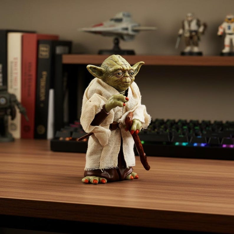 May include: A green-skinned humanoid figure with large pointed ears, wearing a textured beige robe over a dark brown garment. The figure has three-fingered hands and feet with orange-tipped digits, and is holding a dark brown wooden walking stick.