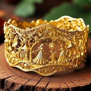 May include: A wide gold cuff bracelet featuring intricate filigree metalwork. The design depicts a detailed scene with two figures in long dresses, a small child, a tree, a butterfly, and a structure, all set against a wavy, openwork border.