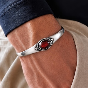 Men's Cuff Garnet Bracelet Boho Bracelet Gift for Men's Sterling Silver Garnet Cuff Bracelet For Men's Valentine Gift for Her