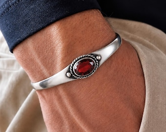 Men's Cuff Garnet Bracelet Boho Bracelet Gift for Men's Sterling Silver Garnet Cuff Bracelet For Men's Valentine Gift for Her