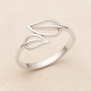 Ring i sterlingsilver med dubbel blad, minimalistisk, delikat växtring, justerbar, naturinspirerad ring, söt, öppen lövring, present till henne