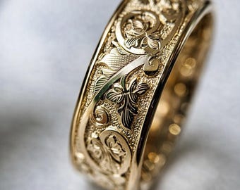 6 mm Vintage blommig guldring graverad vigselring 21K guld filigranring Alla hjärtans dag-present till honom henne