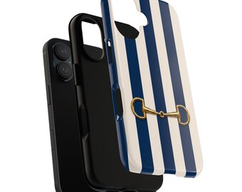 Navy Blue Stripe Equestrian Phone Case, Snaffle Bit Preppy Style