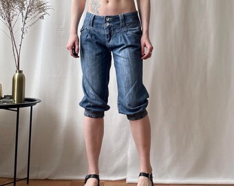 Pantaloni capri in denim a vita bassa stile Y2K, pantaloncini in jeans comodi al ginocchio, taglia XS/S