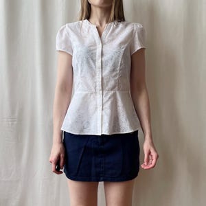 Vintage White Short Sleeve Cotton Blouse, Button Up Peplum Shirt, Size XS/S