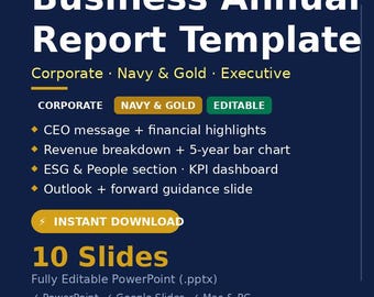Annual Report PowerPoint Template | Corporate Business Slides | 10 Slides | Navy Gold | Executive | Editable Download