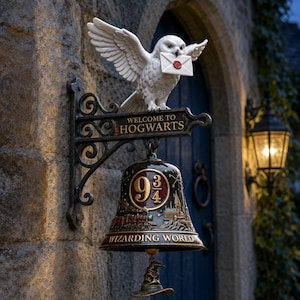 May include: A wall-mounted metal bell featuring a white owl holding an envelope in its beak. The bracket reads Welcome to Hogwarts. The black bell displays the number 9 3/4, a train, and a castle, with the text Wizarding World and a hanging hat.