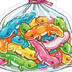 Peut inclure: Un sac en plastique transparent noué avec un ruban rose contenant une collection d'illustrations de petits axolotls colorés. Les axolotls sont représentés dans diverses couleurs vives, notamment bleu, orange, rose, jaune et vert avec des reflets.
