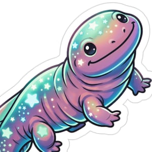 Peut inclure: Un autocollant découpé représentant un axolotl de dessin animé avec un dégradé de couleurs violet, bleu et sarcelle. L'axolotl a un corps lisse et arrondi, orné de nombreuses petites étoiles blanches dispersées sur son dos et sa queue.