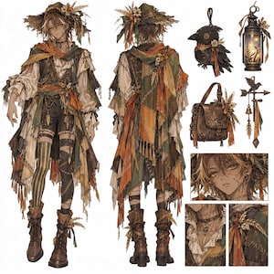 Könnte beinhalten: Ein Charakter-Design-Blatt mit einer Figur in einem mehrlagigen, erdfarbenen Outfit mit Patchwork-Umhang, gestreiften Strümpfen und Stiefeln. Zubehör umfasst ein Raben-Plüschtier, eine Laterne, eine Umhängetasche, eine Wetterfahne sowie Detailansichten.