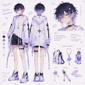 May include: A character design sheet titled Stellar Wanderer featuring a person with dark purple-tipped hair, wearing a white oversized hoodie, black shorts, and platform sneakers. Includes accessories like a planet orb necklace, star bottle, and bag.