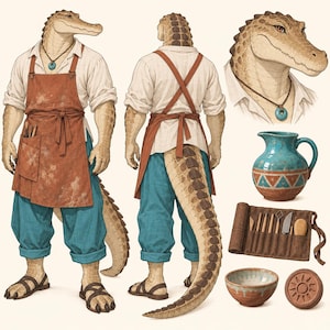 Könnte beinhalten: Eine anthropomorphe Krokodilfigur in weißem Hemd, blauer Hose und brauner Schürze, dargestellt in Vorder- und Rückansicht. Enthält ein Porträt, einen türkisfarbenen Keramikkrug, eine braune Werkzeugrolle mit Holzwerkzeugen, eine Schale und einen Stempel.