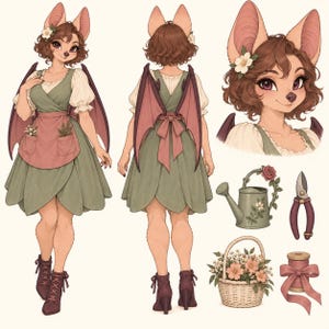 May include: A character design sheet featuring an anthropomorphic bat with brown hair and large ears, wearing a green dress with a pink apron, white puff-sleeve blouse, and lace-up boots. Includes a watering can, flower basket, and ribbon spool.