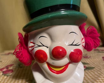Vintage Large Hand Painted Ceramic Clown Piggy Bank- 1960's
