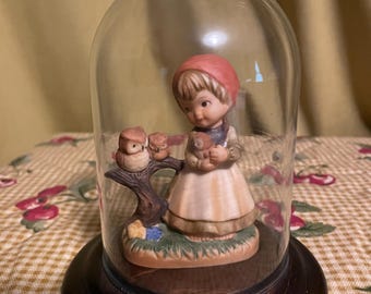 Vintage Girl with Baby Owls Figurine Ceramic Porcelain 3” Tall Napcoware