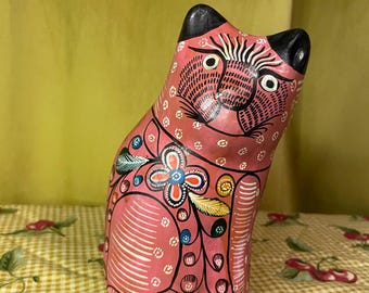 Vintage Hand Painted Mexican Pottery Ceramic Cat Tonala Pink