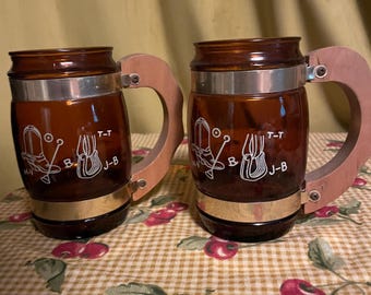Vintage Siesta Ware Cowboy Amber Glass Mugs with Wooden Handles (Set of 2)