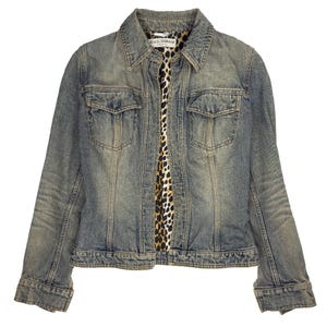 Dolce Gabbana Washed Blue Denim Jacket, Leopard Print Lining, Y2K Archive Open-Front Cotton