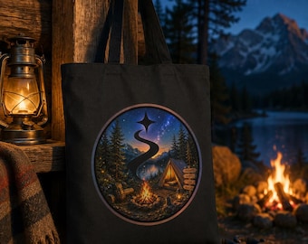 Camping Tote Bag, Lagerfeuer Abenteuer Naturliebhaber Canvas Reisetasche