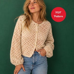 Modèle PDF de cardigan à couture basse au crochet, cardigan au crochet CROPTOP facile, modèle de pull pour débutants, cardigan à manches bouffantes pour femmes