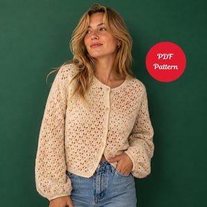 Modèle PDF de cardigan à couture basse au crochet, cardigan au crochet CROPTOP facile, modèle de pull pour débutants, cardigan à manches bouffantes pour femmes