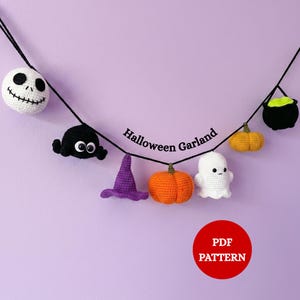 May include: A crochet Halloween garland featuring a white skull, a black spider, a purple witch hat, an orange pumpkin, a white ghost, a yellow pumpkin, and a black cauldron hanging from a black string with the text Halloween Garland PDF PATTERN.