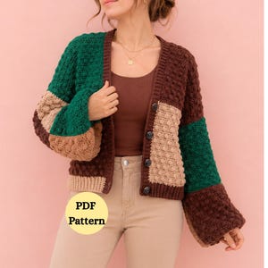 Crochet Cardigan Pattern PDF, Oversized Patchwork Sweater Chunky Color Block Jacket Cozy Handmade crochet puff sleeves Cardigan