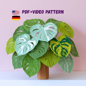 Haakpatroon voor een Monstera-blad (PDF) & videotutorial, beginnersvriendelijk, realistisch gehaakt Monstera-blad (Engels en Duits).