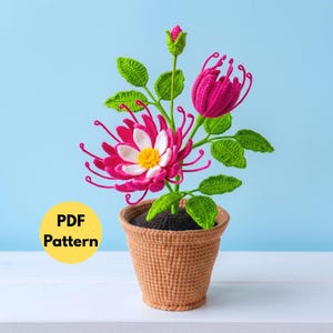 May include: A crocheted potted plant featuring a vibrant pink and white flower with a yellow centre, a smaller pink bud, and green leaves. The plant is housed in a textured tan crocheted pot. A yellow circular badge displays the text PDF Pattern.