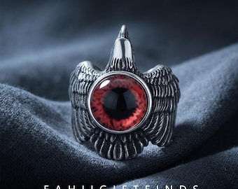 Stainless Steel Eagle Ring with Red Evil Eye, Gothic Biker Statement Ring for Men, Vintage Winged Bird Jewelry Gift for Him