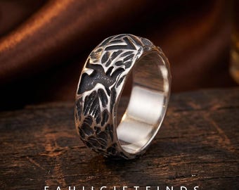 Stainless Steel Textured Tree Bark Ring, Vintage Gothic Biker Statement Ring for Men, Rugged Wood Grain Engraved Jewelry Gift for Him