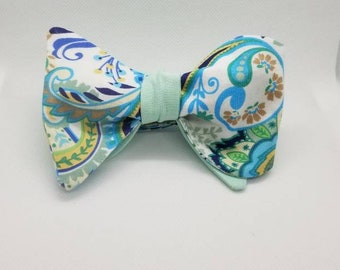 Turquoise and Brown Paisley Designer Freestyle BowTieByEDJ