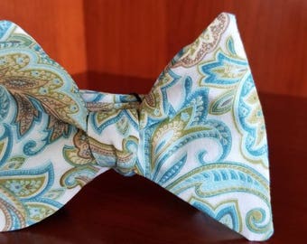 Turquoise and Brown Paisley Designer Freestyle BowTieByEDJ