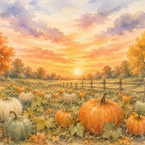 Peut inclure: Une peinture à l'aquarelle d'un champ de citrouilles au coucher du soleil. La scène montre des citrouilles orange, blanches et vertes posées sur le sol parmi des feuilles d'automne. Une clôture en bois traverse le champ vers un horizon boisé.