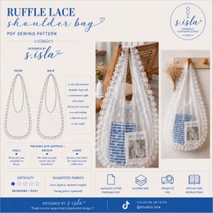 May include: A white ruffle lace shoulder bag, a PDF sewing pattern. The bag has a continuous ruffle and is shown with a book inside. The design is by s.isla.