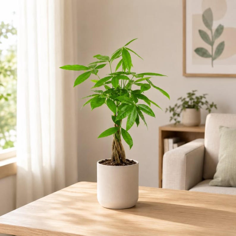 Peut inclure: Une plante Pachira aquatica avec un tronc tress&eacute; et des feuilles vertes &eacute;clatantes en forme de palme, plant&eacute;e dans un pot cylindrique en c&eacute;ramique blanche, lisse et mate. La plante se tient droite avec plusieurs tiges entrelac&eacute;es.